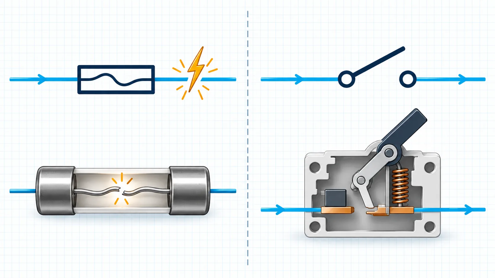 Visual comparison of a fuse symbol and circuit breaker symbol