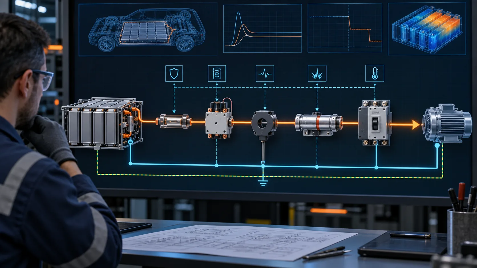 Coordinated fuse, contactor, sensor and circuit breaker protection in an EV battery system