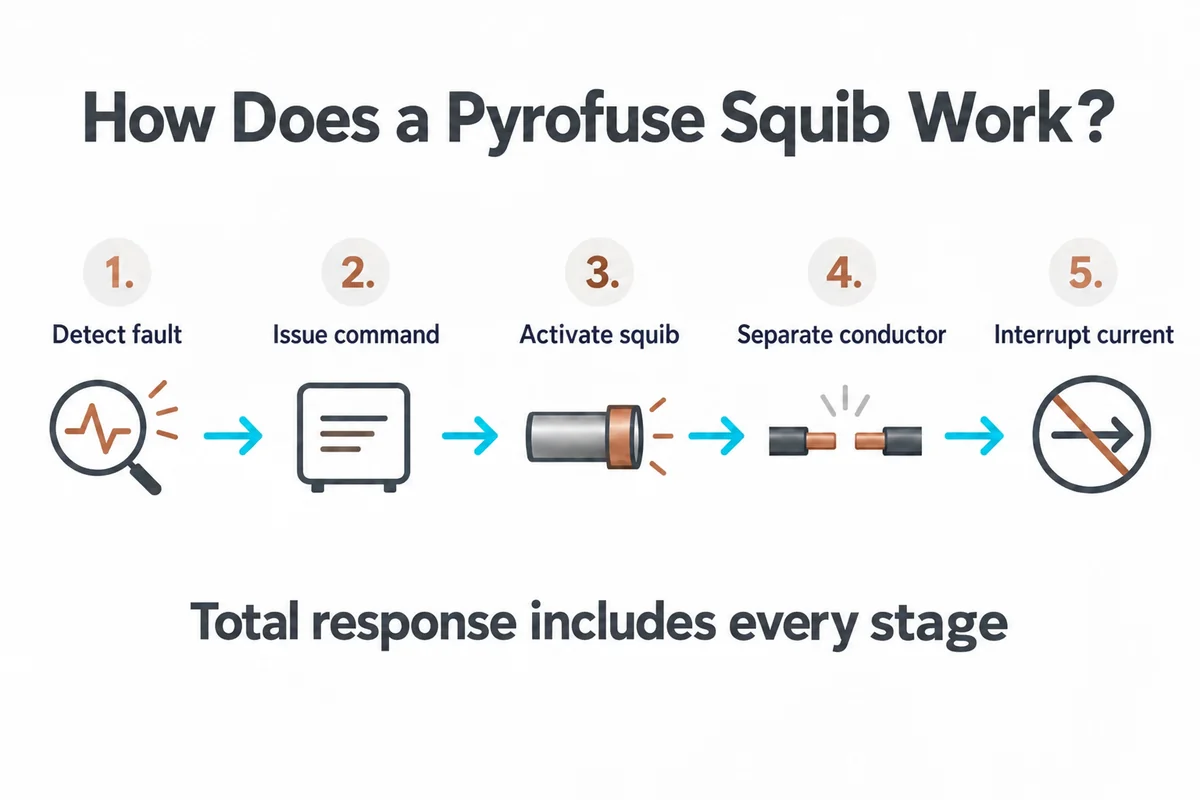 II. How Does a Pyrofuse Squib Work? Conceptual sequence from fault detection through driver and squib to power-path interruption