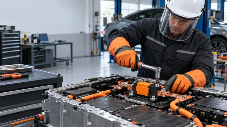 Technicien installant un Pyrofuse dans un système de batterie de véhicule électrique à haute tension