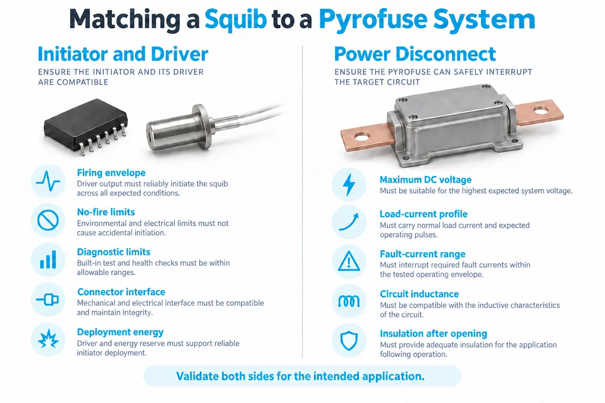 VI. How Engineers Match a Squib to a Pyrofuse System Separate engineering checks for initiator-driver compatibility and power-path interruption