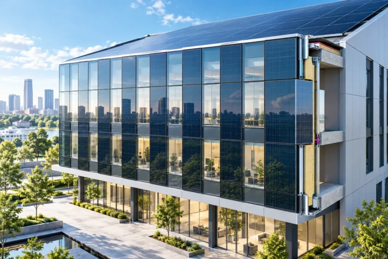 Solar-generating glazing and roof surface integrated into a commercial building envelope
