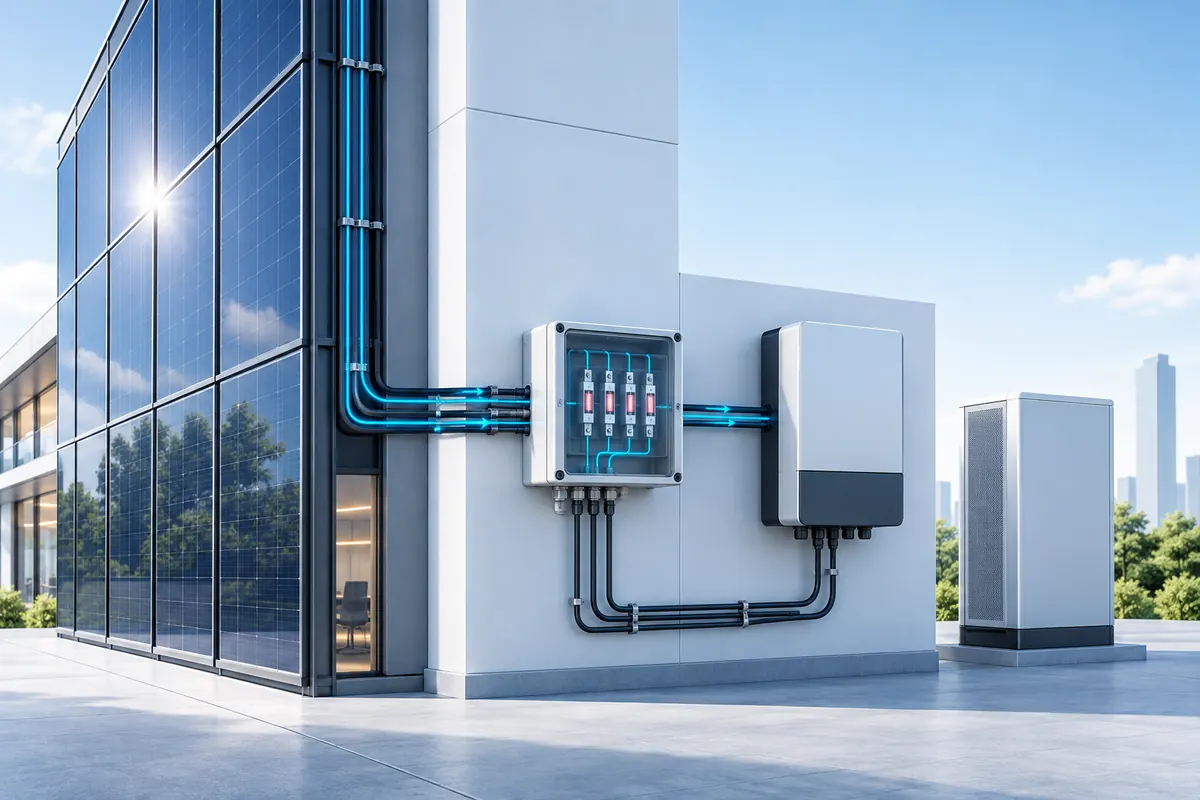 BIPV DC collection and protection Conceptual BIPV façade DC collection, fuse enclosure and inverter installation