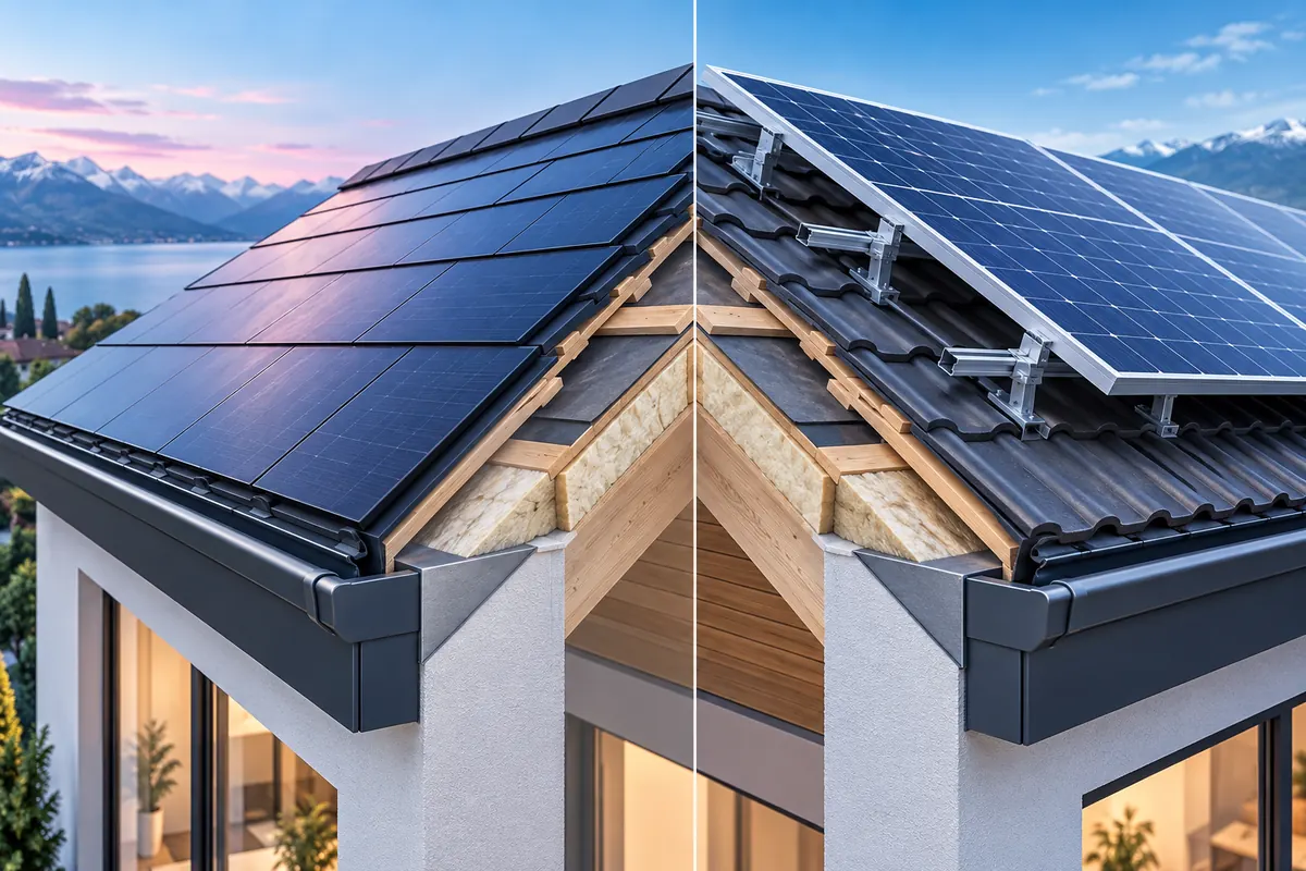 BIPV roof compared with rack-mounted PV Comparison of flush integrated solar roof tiles and rack-mounted panels above an intact roof