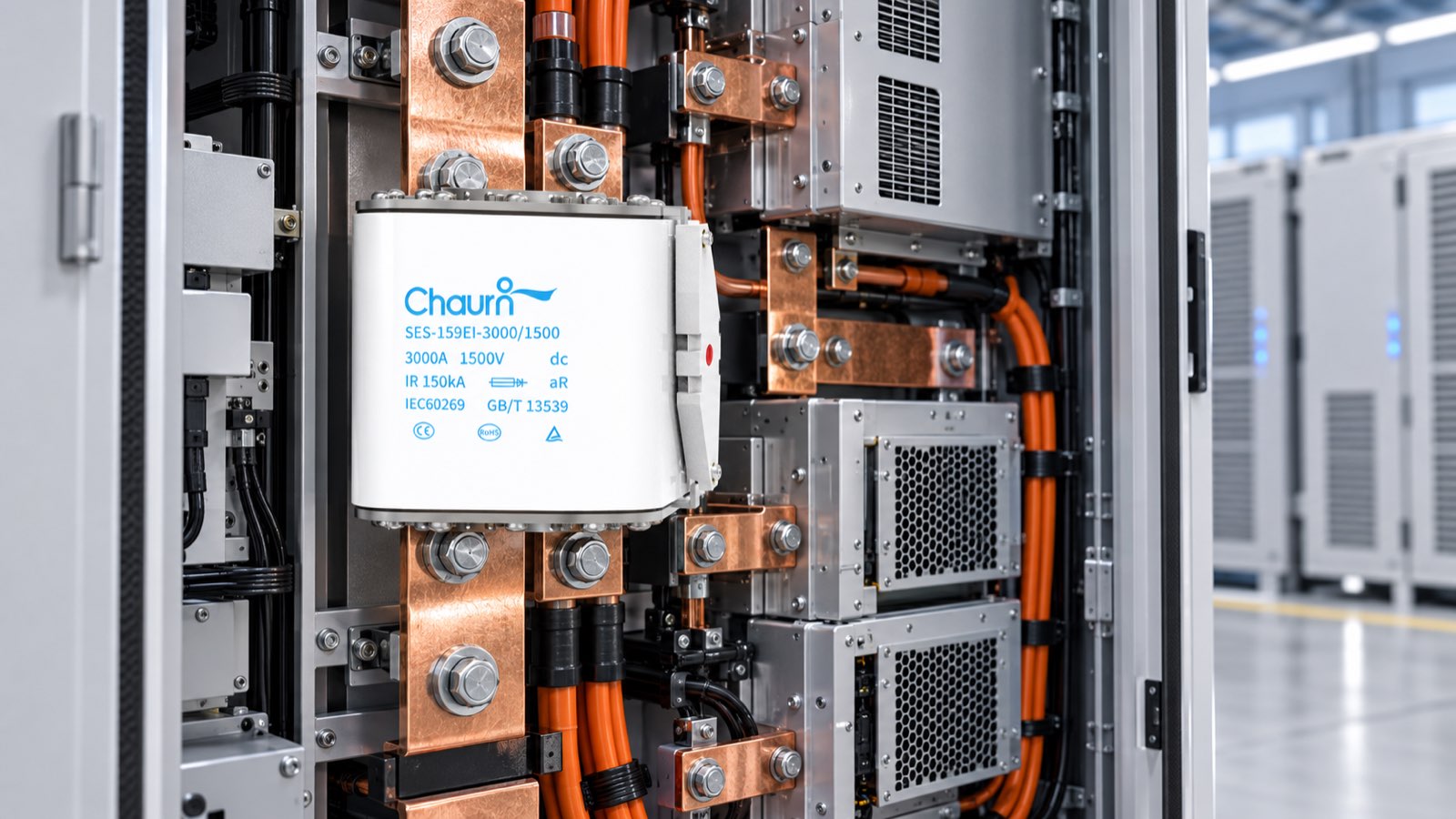 Chauron SES-159EI fuse in a conceptual energy-storage power cabinet