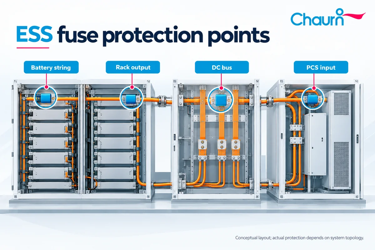 Conceptual battery storage cabinets with fuse points at the string, rack output, DC bus and PCS input