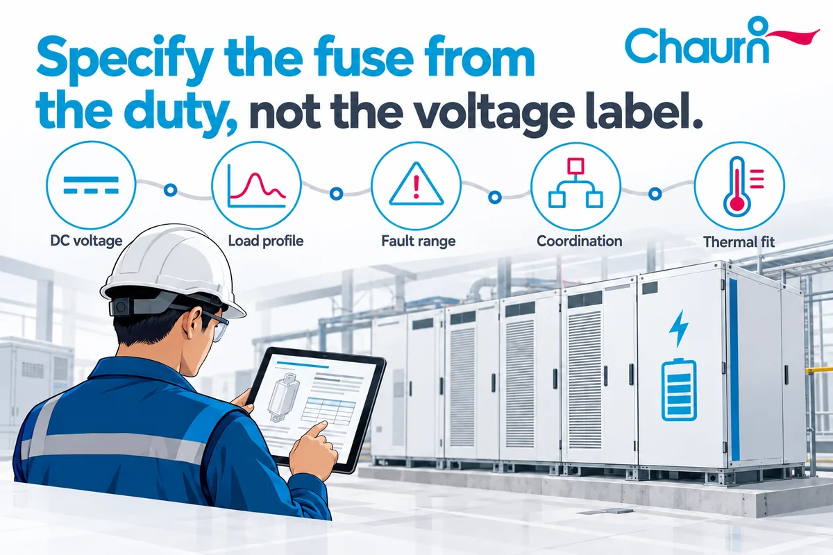 ESS fuse selection inputs Conceptual ESS engineering checklist for DC voltage, load, fault range, coordination and thermal fit