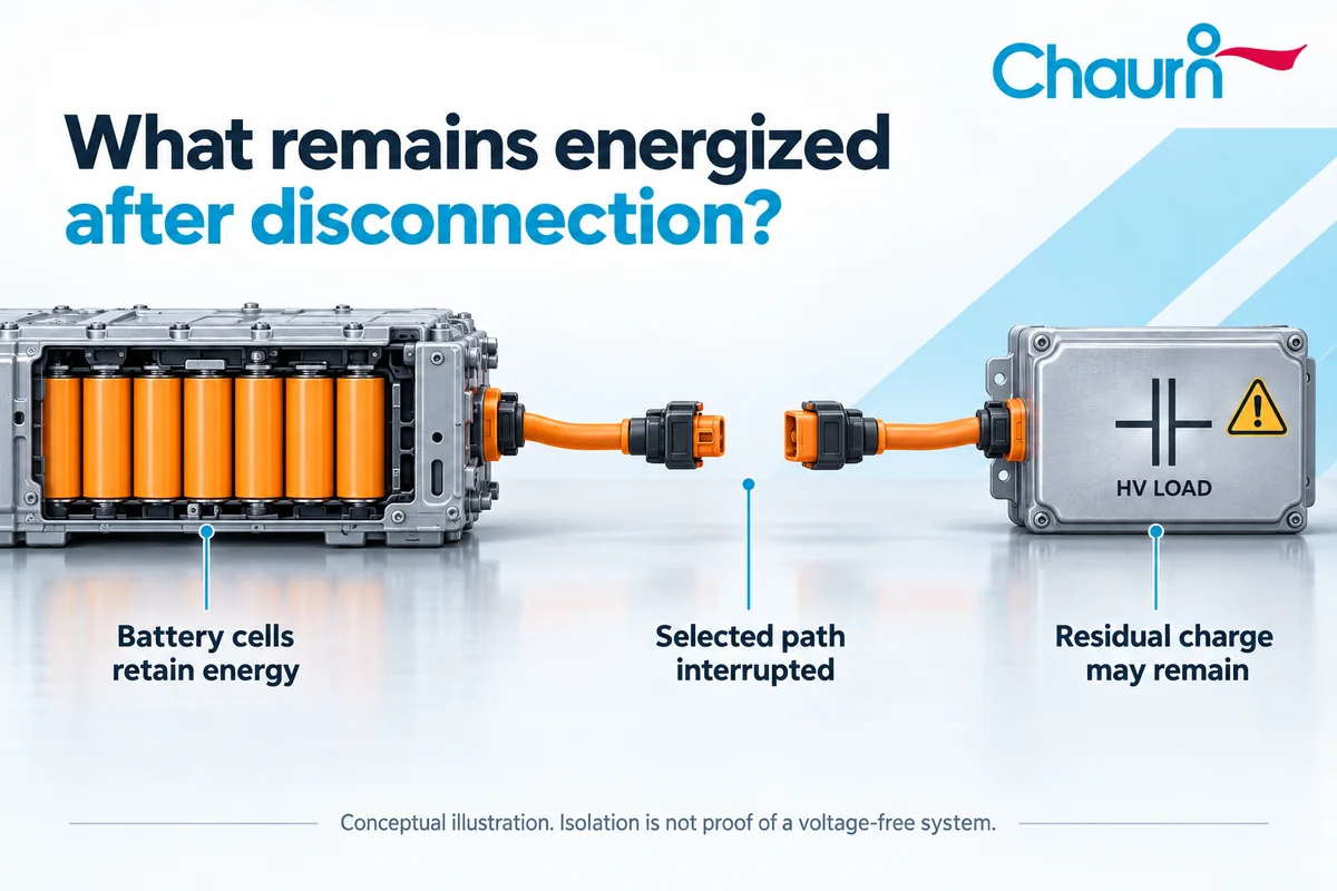 Residual energy after pyrofuse disconnection Open disconnect between energized battery cells and a load capacitor that may retain charge