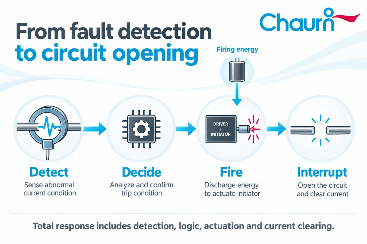 EV pyro fuse trigger chain Detection, controller decision, firing energy and interruption stages of a conceptual pyrofuse system