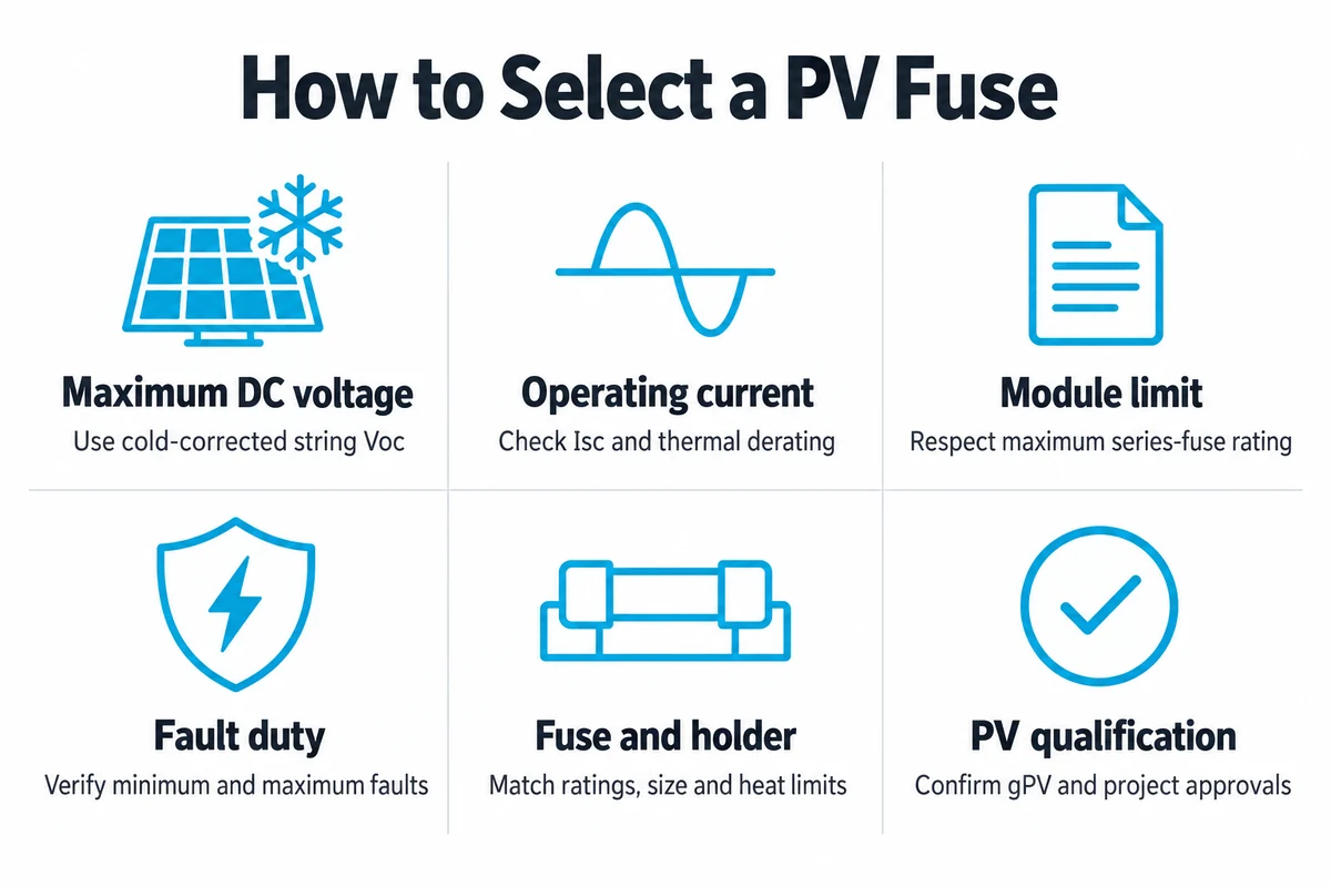 V. How to Select a PV Fuse Six PV fuse selection checks covering DC voltage, current, module limit, fault duty, holder and qualification