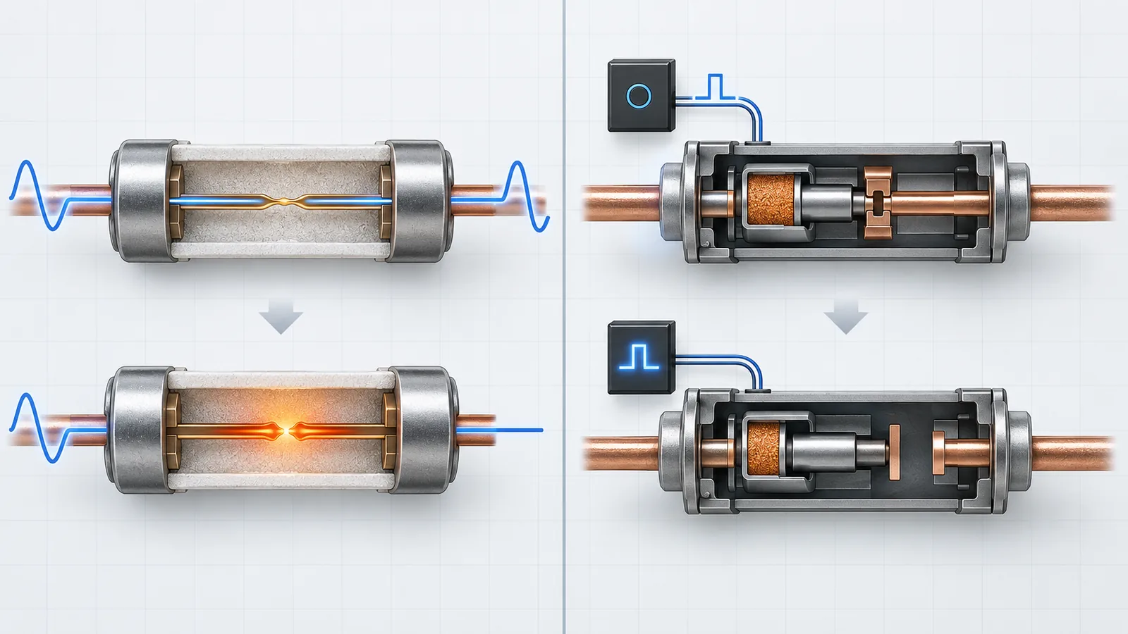 Conceptual comparison of a current-operated fuse and an externally triggered pyrofuse