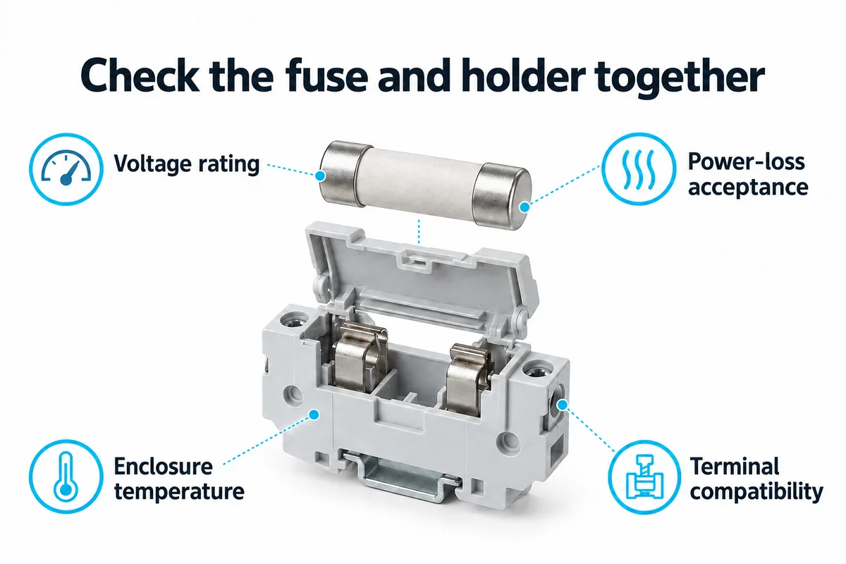IV. Check the photovoltaic fuse and holder together Concept illustration of a cartridge fuse and holder with voltage, power-loss, temperature and terminal checks