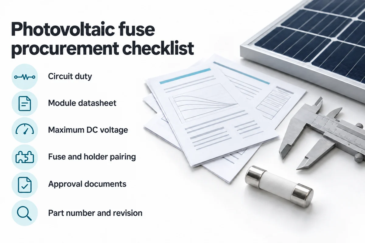 VI. Prepare a photovoltaic fuse procurement checklist Concept procurement checklist beside specification sheets, a caliper, a generic fuse and a solar panel