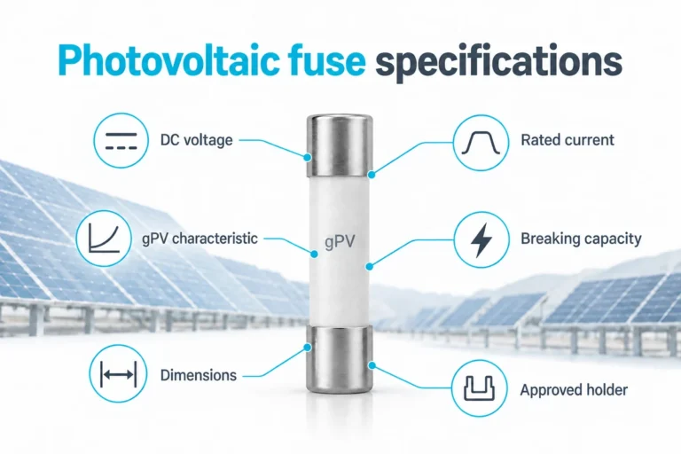 Konzeptillustration, die sechs photovoltaische Sicherungsspezifikationen um eine unmarkierte Keramik-Sicherung zeigt