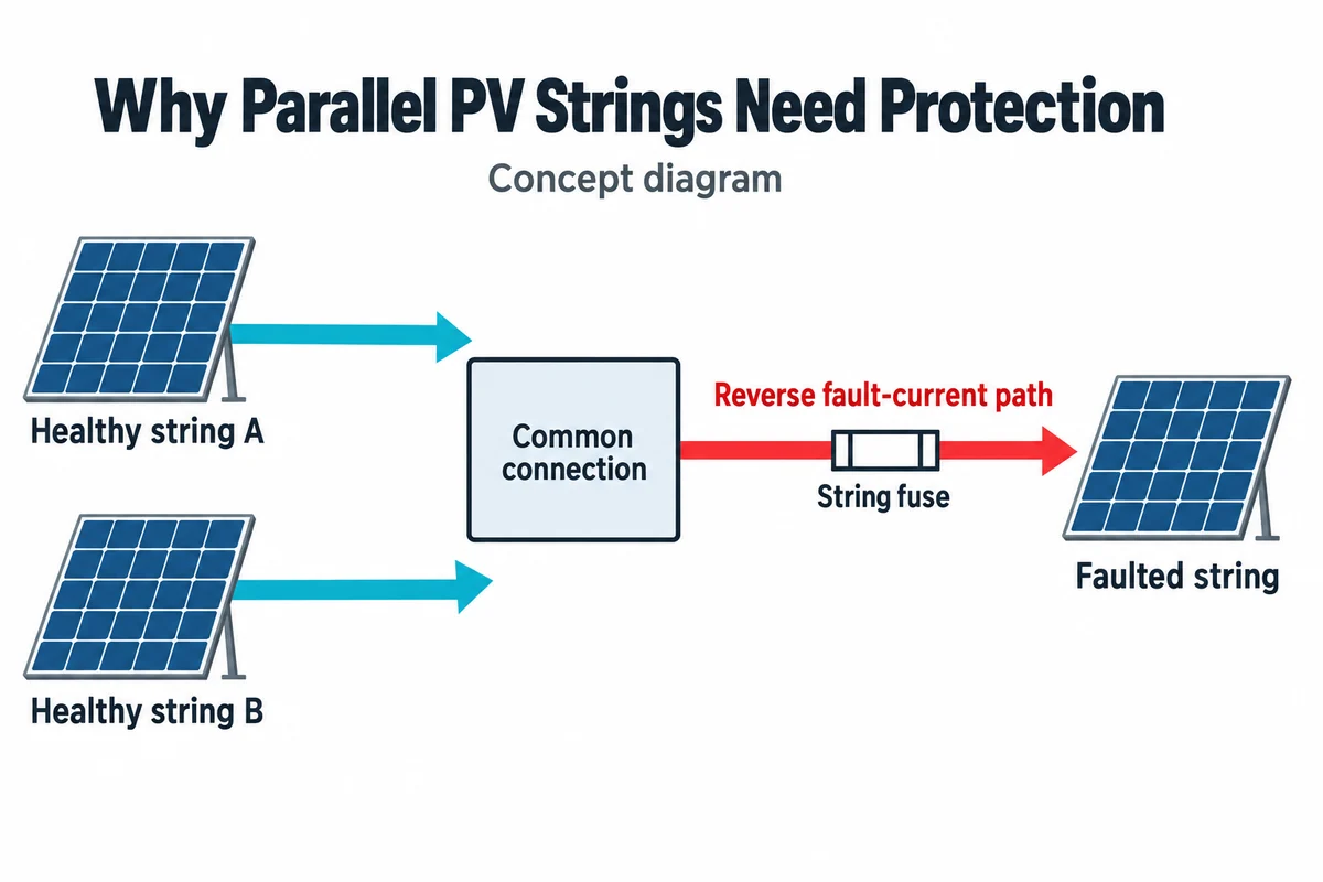 III. Why Parallel PV Strings Need Protection Concept diagram showing healthy PV strings feeding a reverse fault-current path through the faulted string fuse