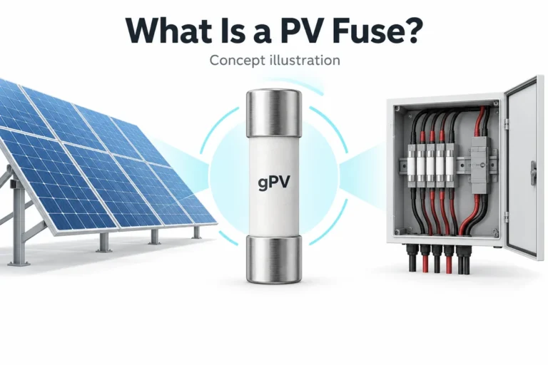 Konzeptillustration einer gPV-Sicherung neben Solarmodulen und einem Kombiniergehäuse